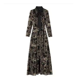 Banana Republic Boho Black Floral Tie Neck Maxi Dress